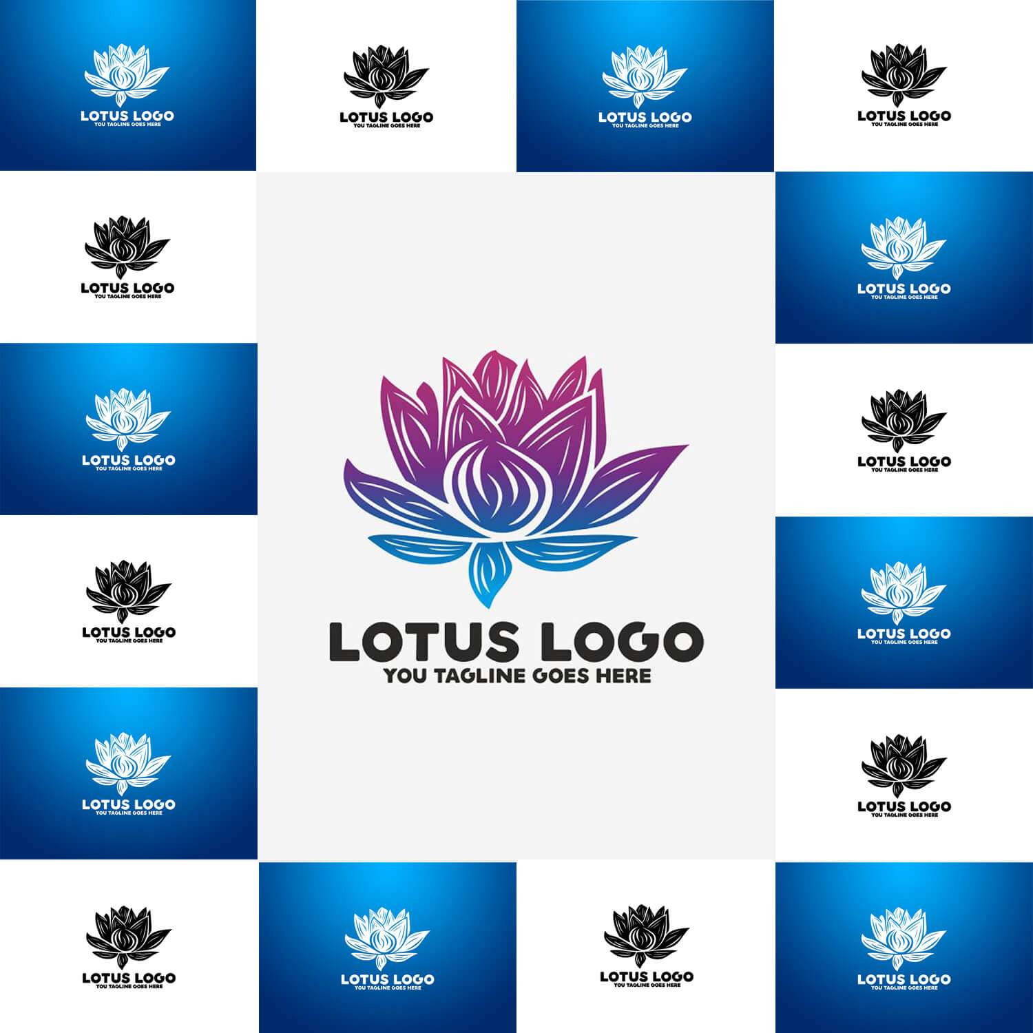 White and blue, violet and blue and black and white Lotus logo, many small ones along the edge of the picture and a large one in the center.