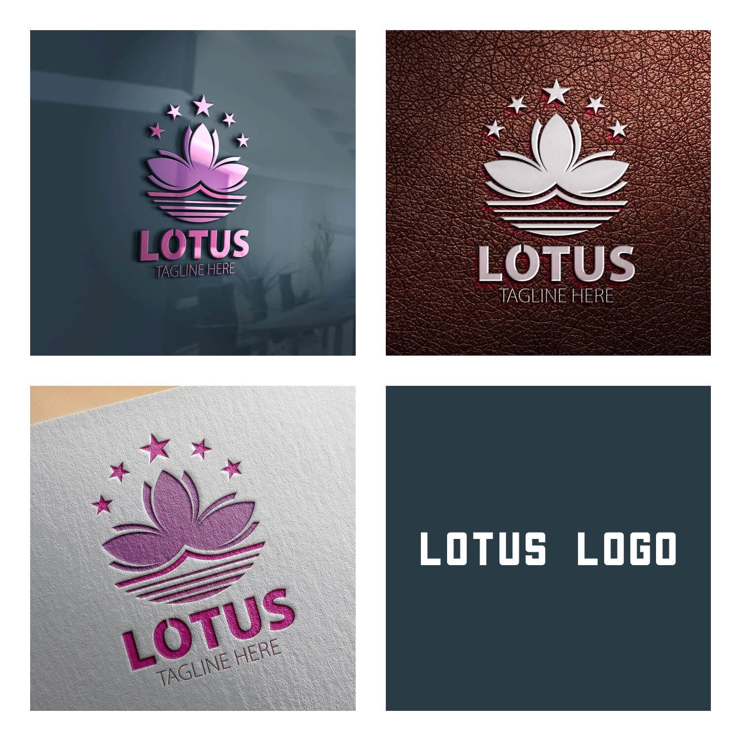 Four different lotus flower logos arranged in cubes inside a large square.