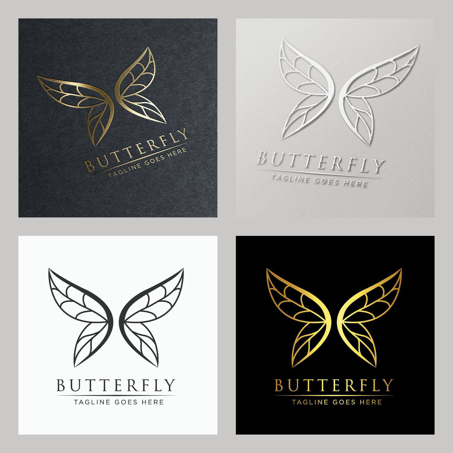 Golden butterfly logos on black and gray backgrounds and white and gray butterflies on light backgrounds.