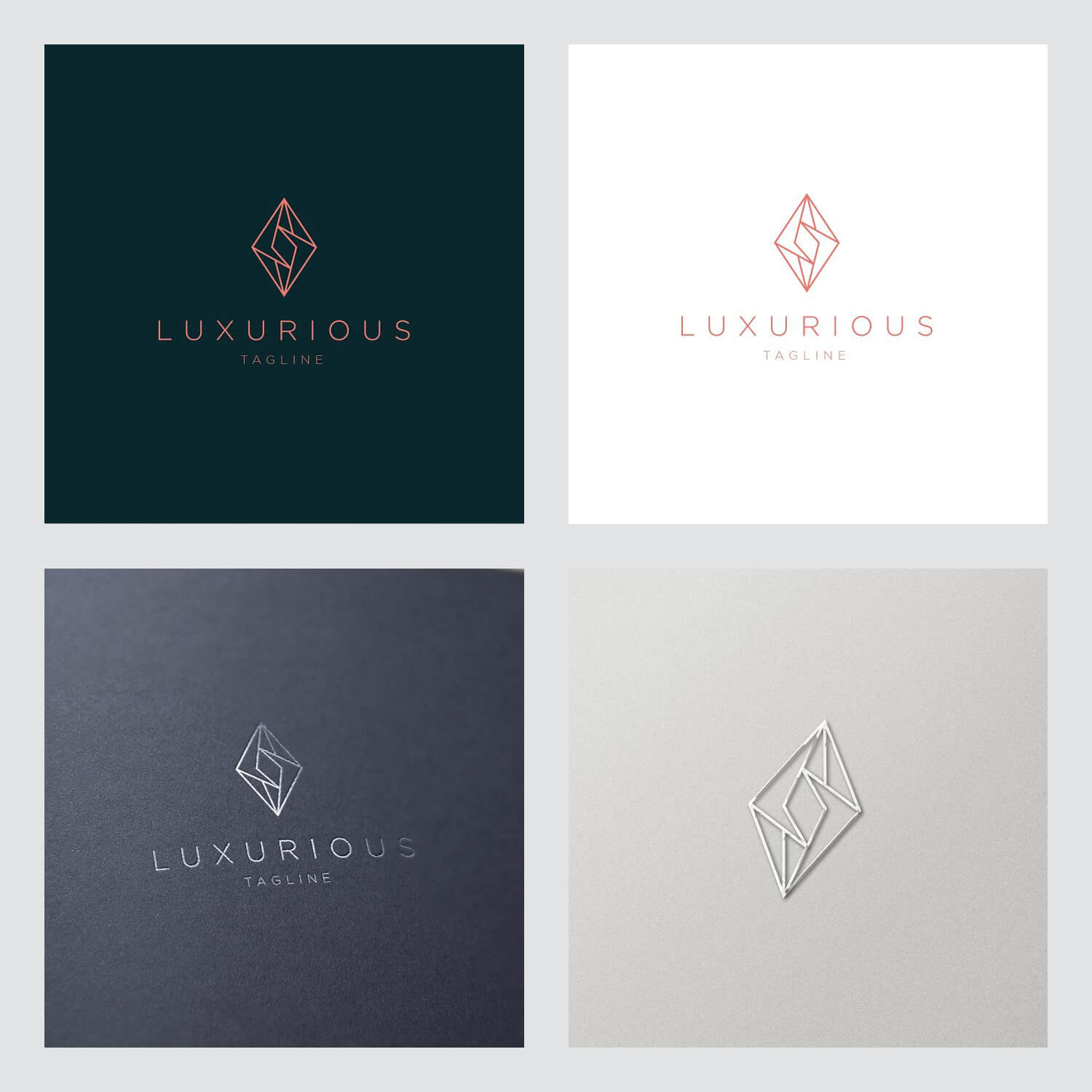 Four luxury jewelry logos in the form of squares on a light gray background.