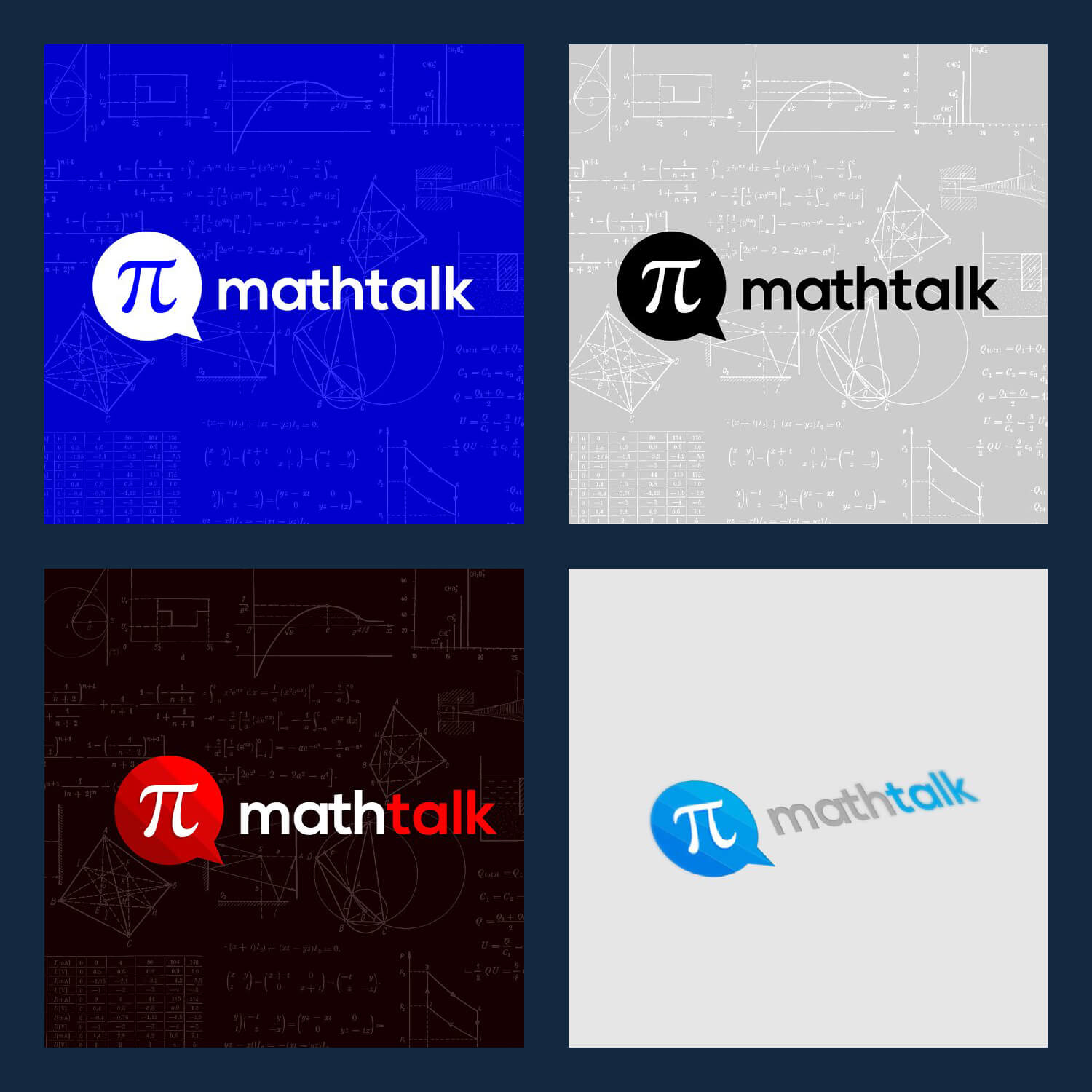 Mathtalk logos in white, black, red-white, blue-gray in square frames inside a large square.