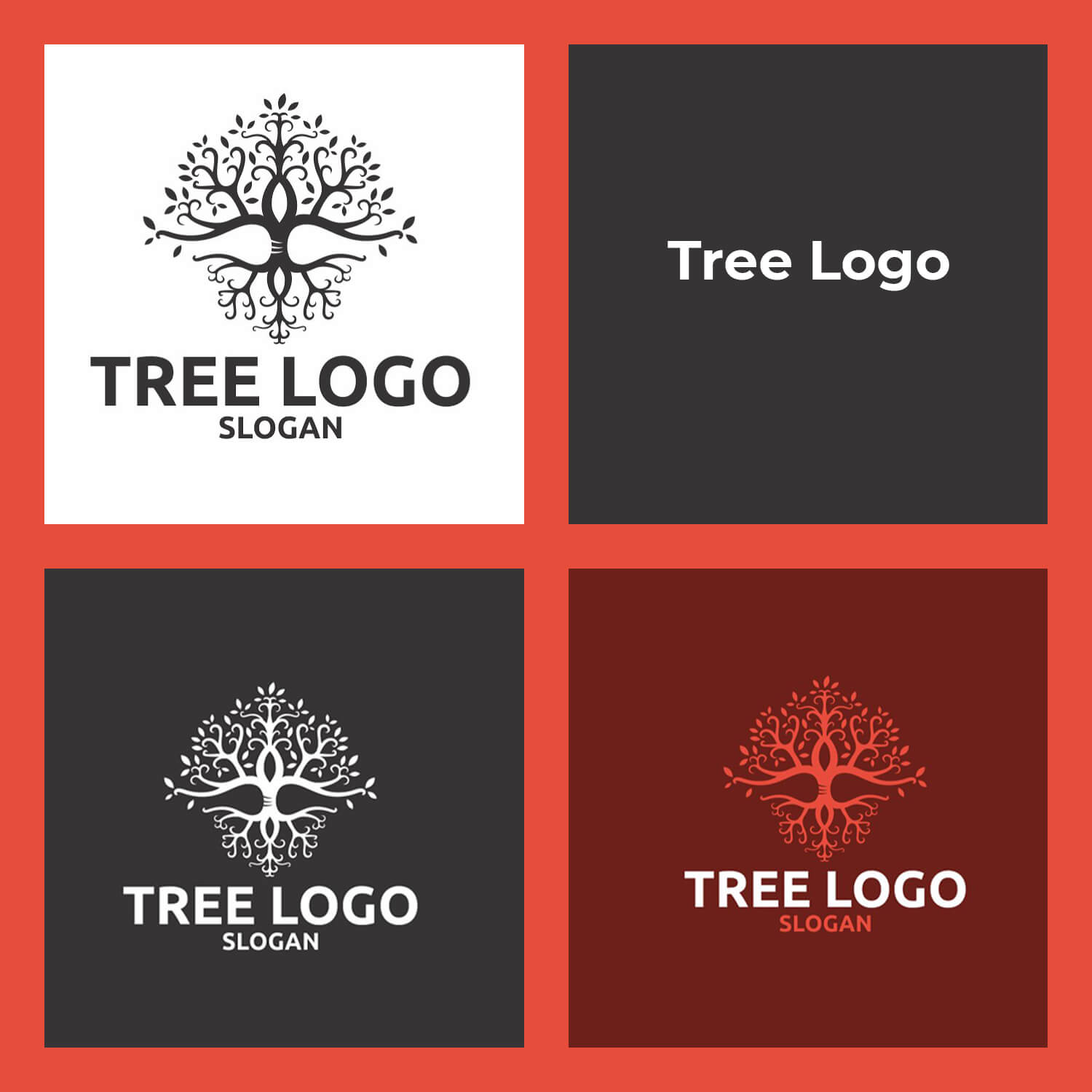 Three tree logos with swirls in squares: black and white, white on grey, scarlet as blood.