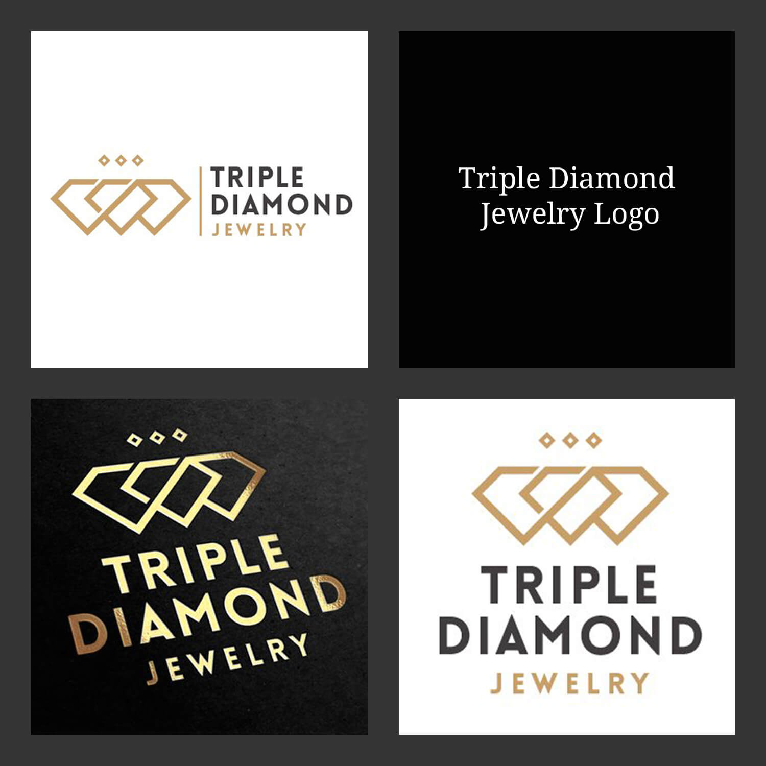 Four square designs in white and black in a square design with three gold diamonds.