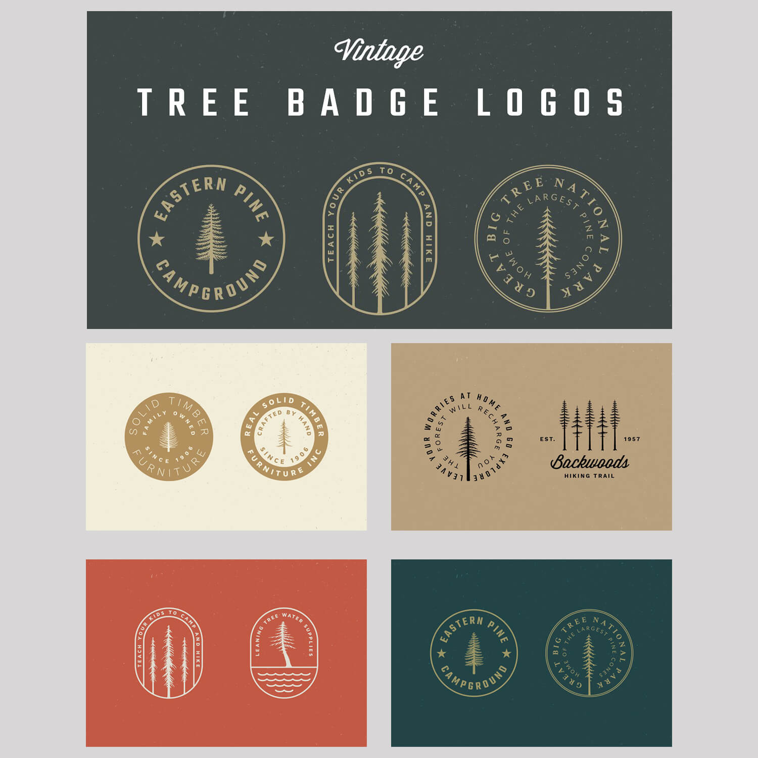 Three round and oval logos with vintage trees and lettering on green, beige, brown and red backgrounds.