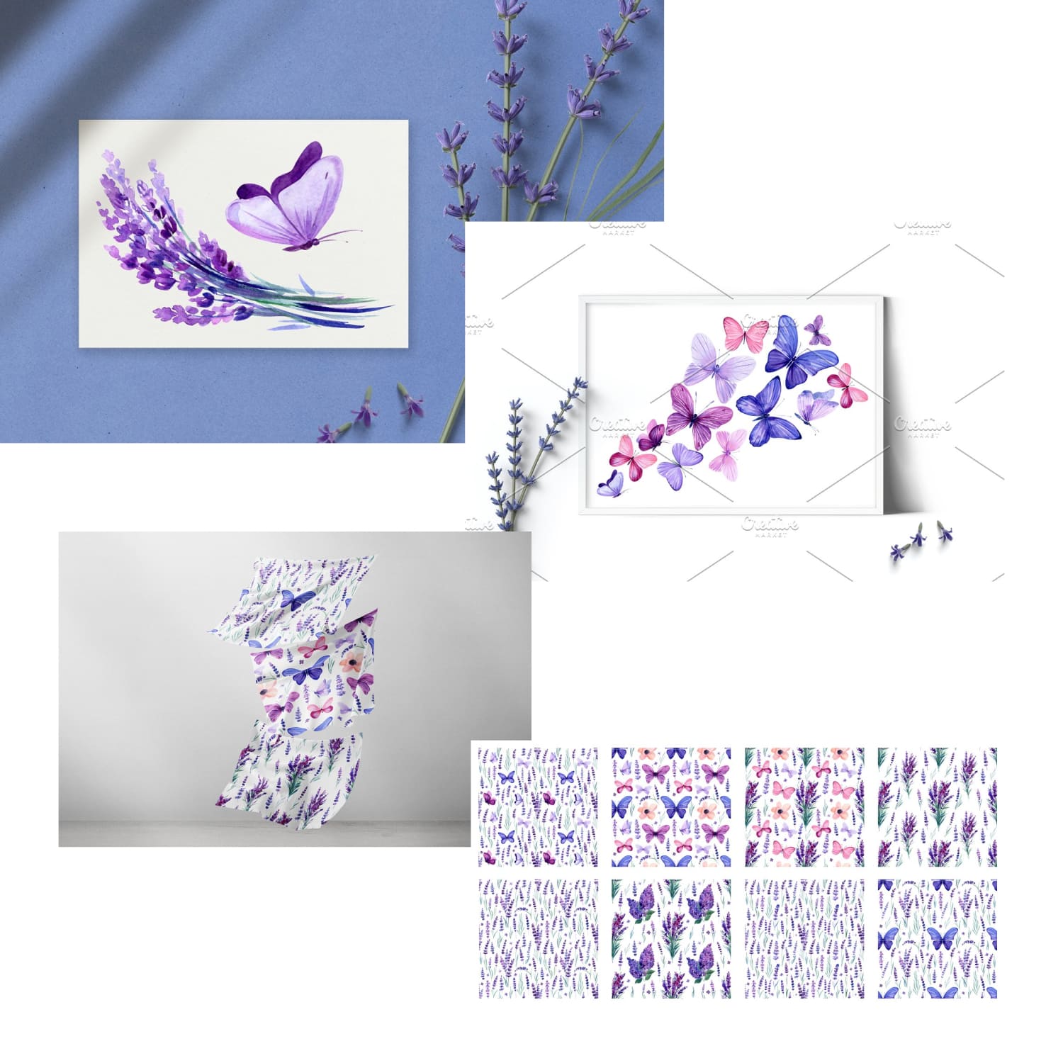 lavender flowers and butterflies watercolor illustrations.
