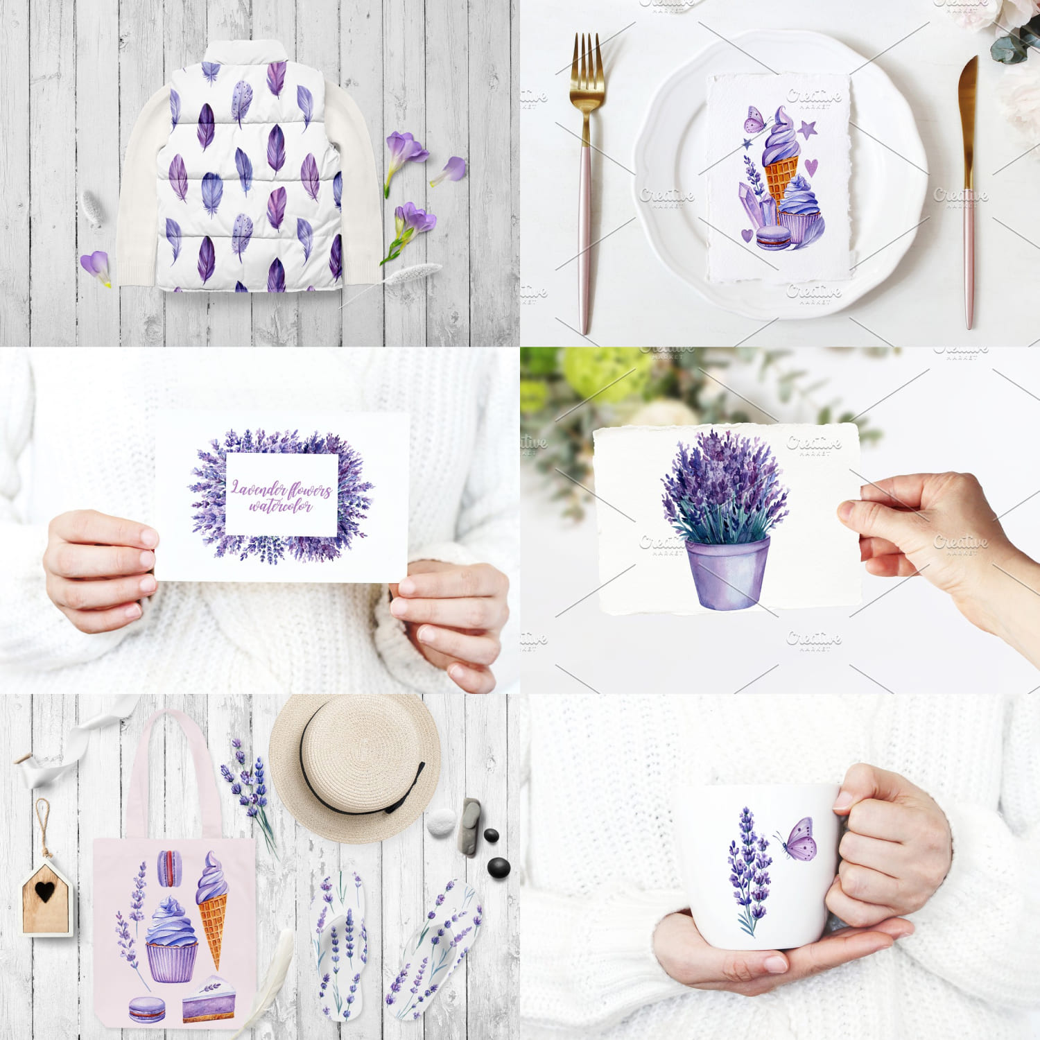 lavender flowers watercolor clipart set.