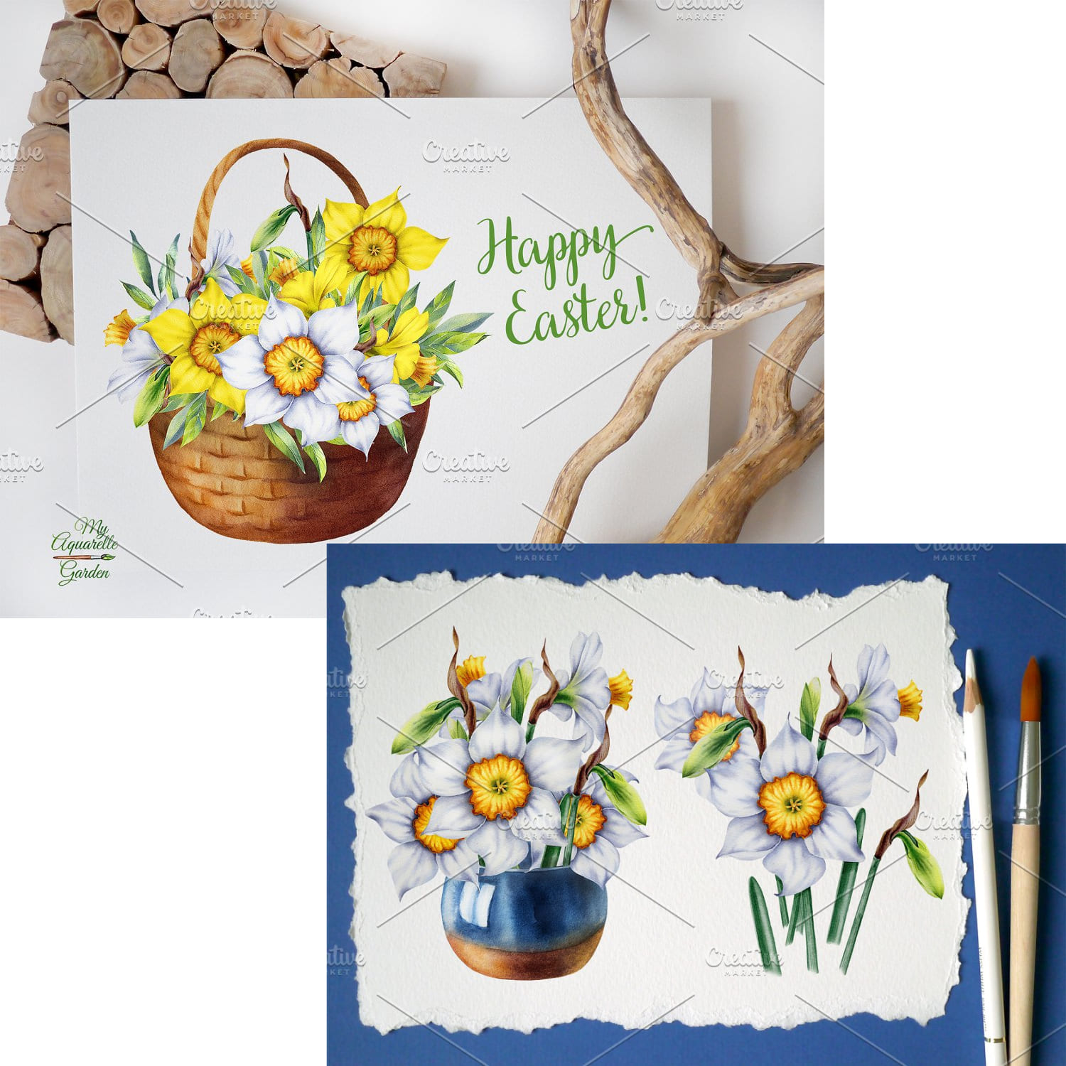watercolor daffodils set illustrations.