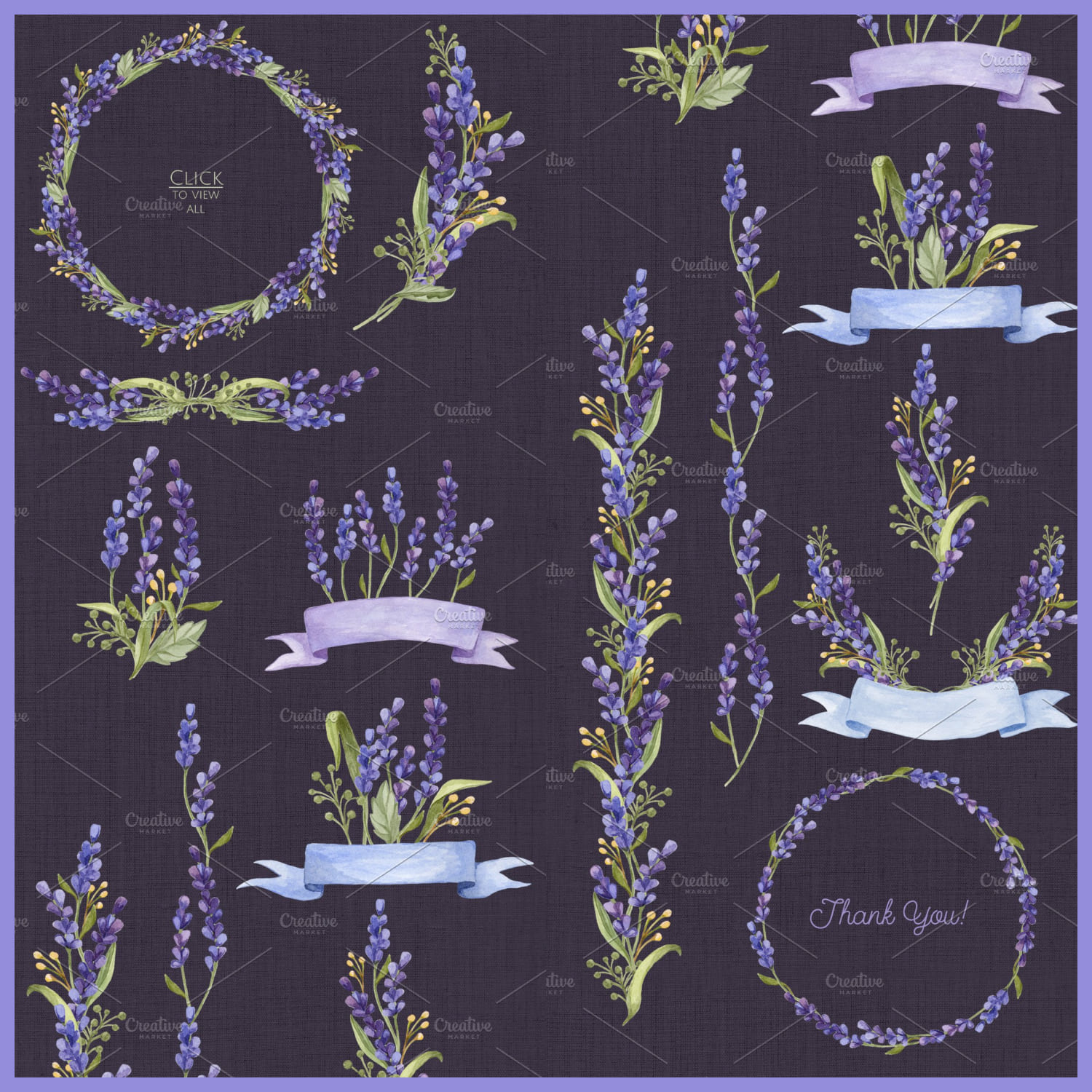 watercolor set with lavender flowers, botanic art.