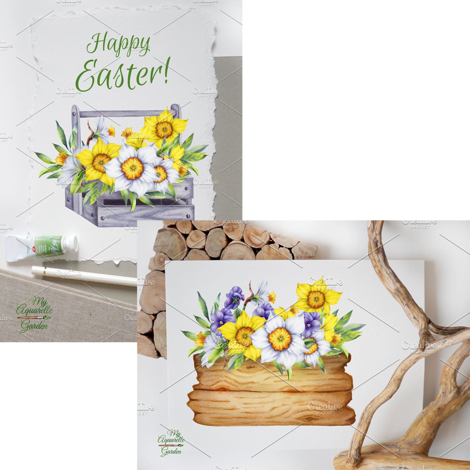 watercolor spring flowers set illustrations.