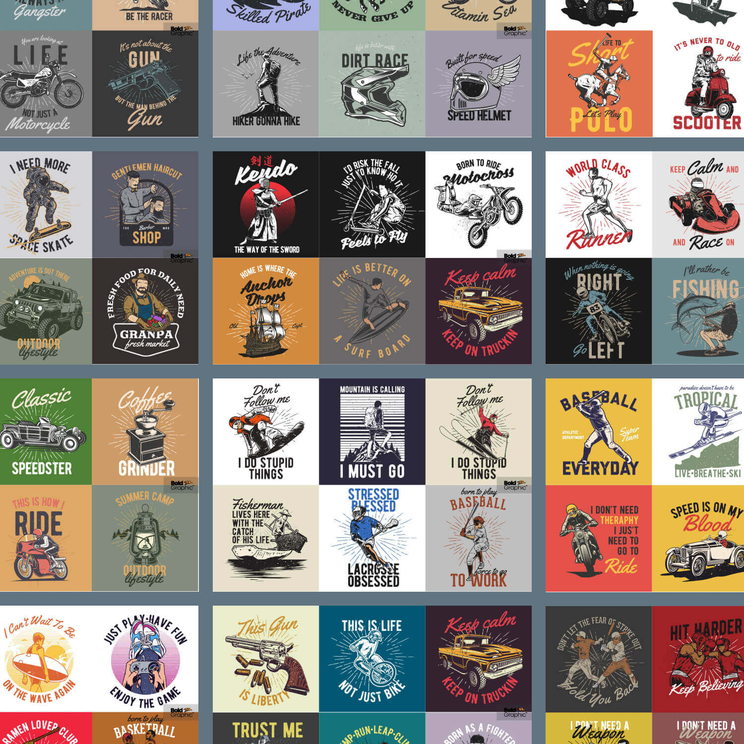 Twelve dice combinations with 100 unique vintage t-shirt designs.