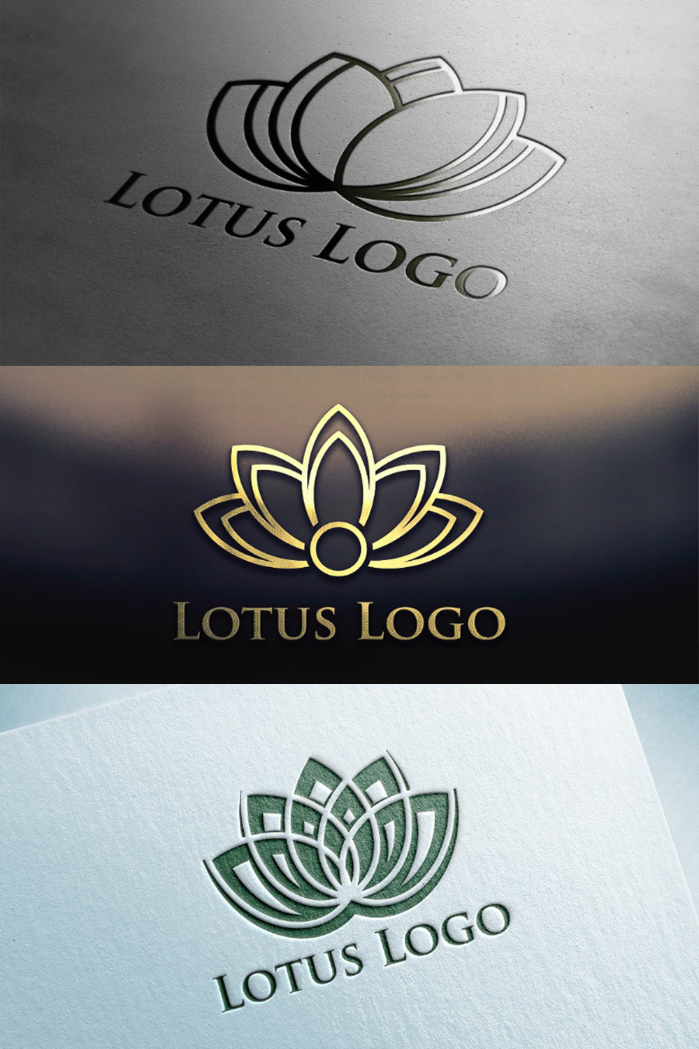Silver, gold and green lotus flower logos on grey, brown with gradient and green backgrounds.