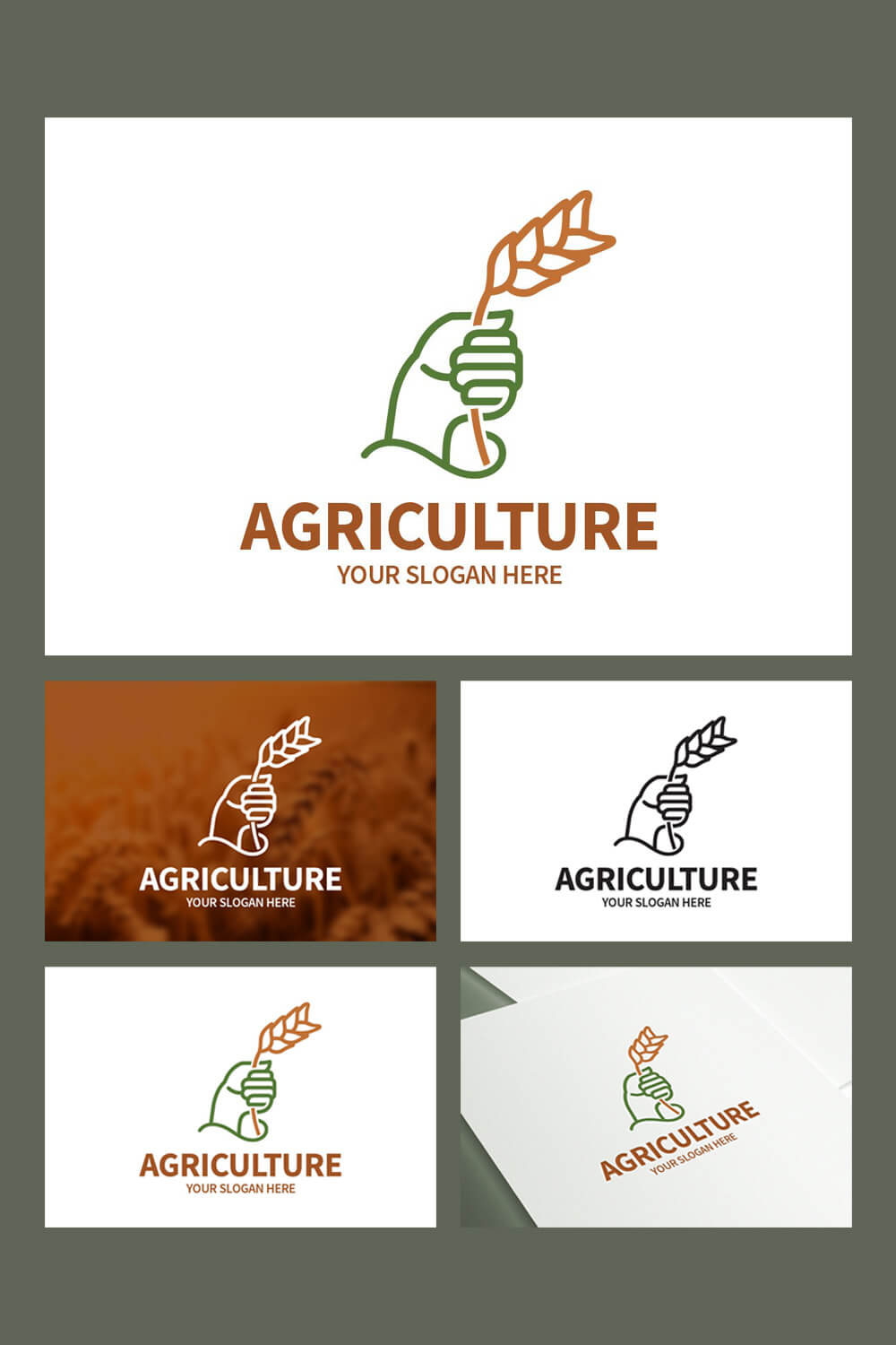 A large agriculture logo on a white background, as well as a small logo on a wheat field background, black and white logo and color on paper.