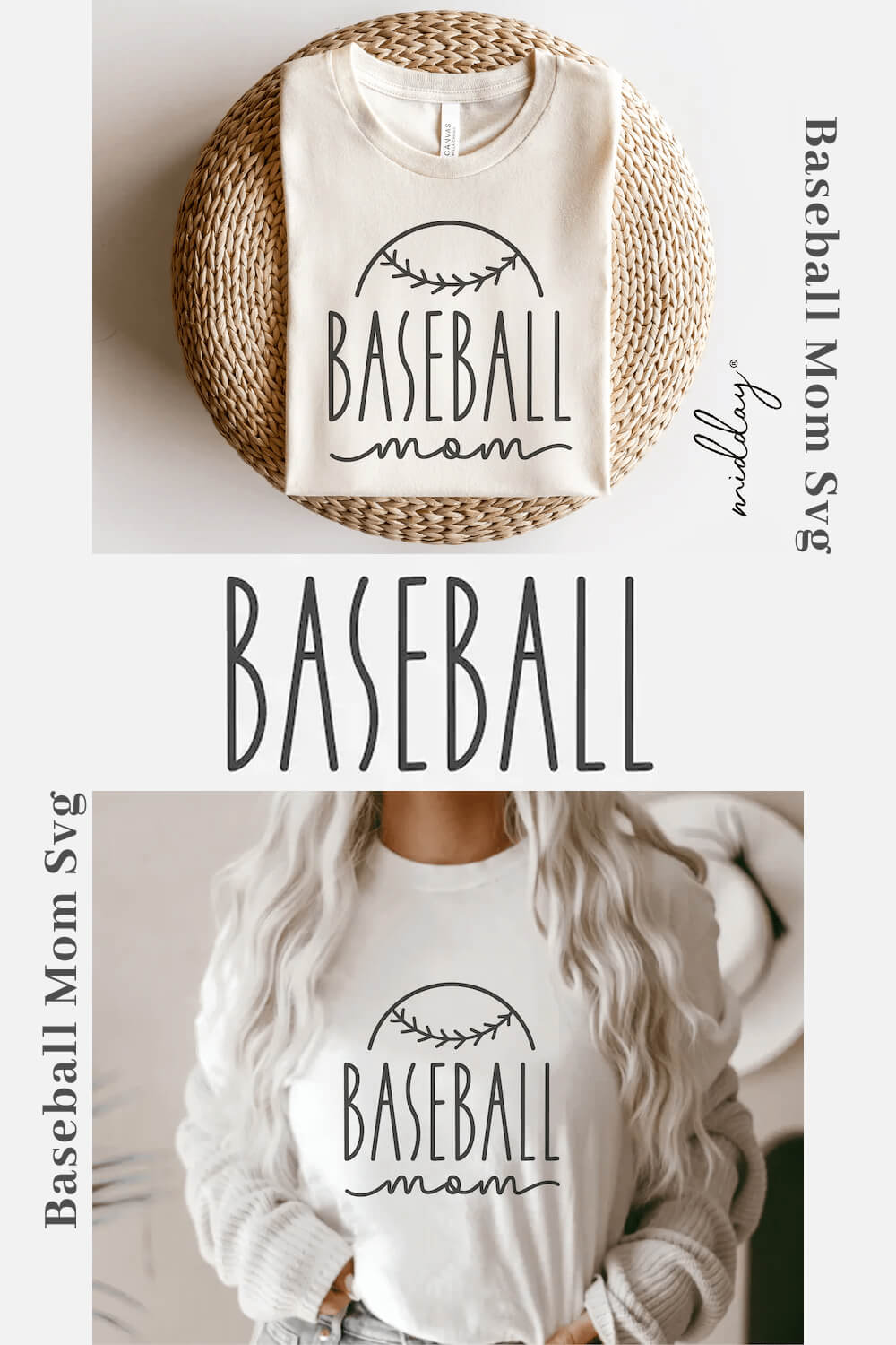 Beige t-shirt with "Baseball" logo print on wicker cap and t-shirt on blonde.