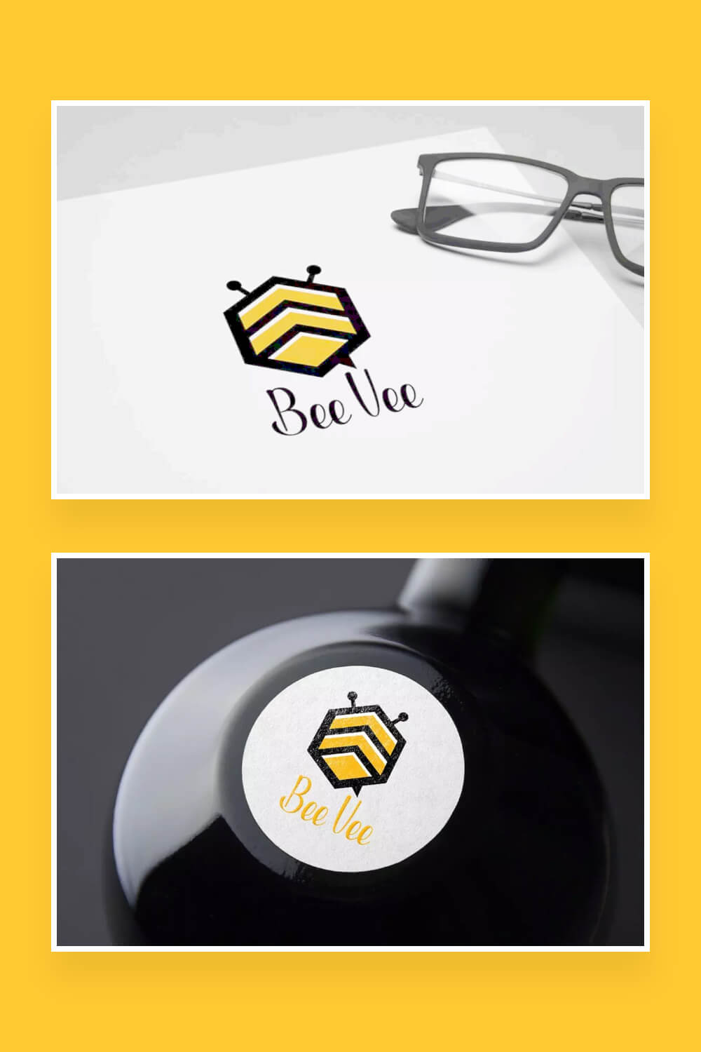 Two images of the Bee Vee logo on a black and white background.