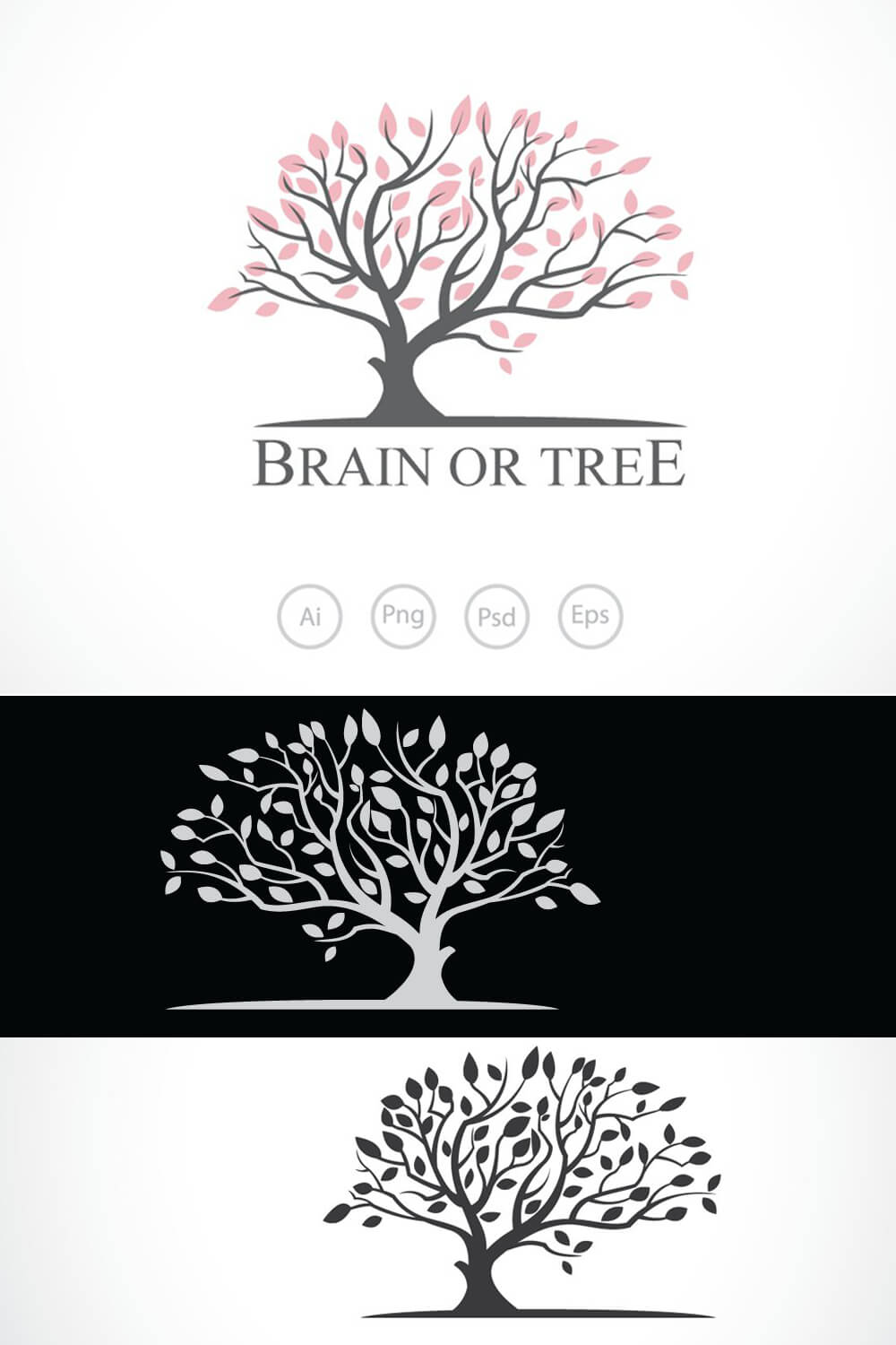 Drawing of a gray tree with pink leaves with the caption "Brain or tree", a white silhouette of a tree on a black background and a gray silhouette of a tree on a white background.