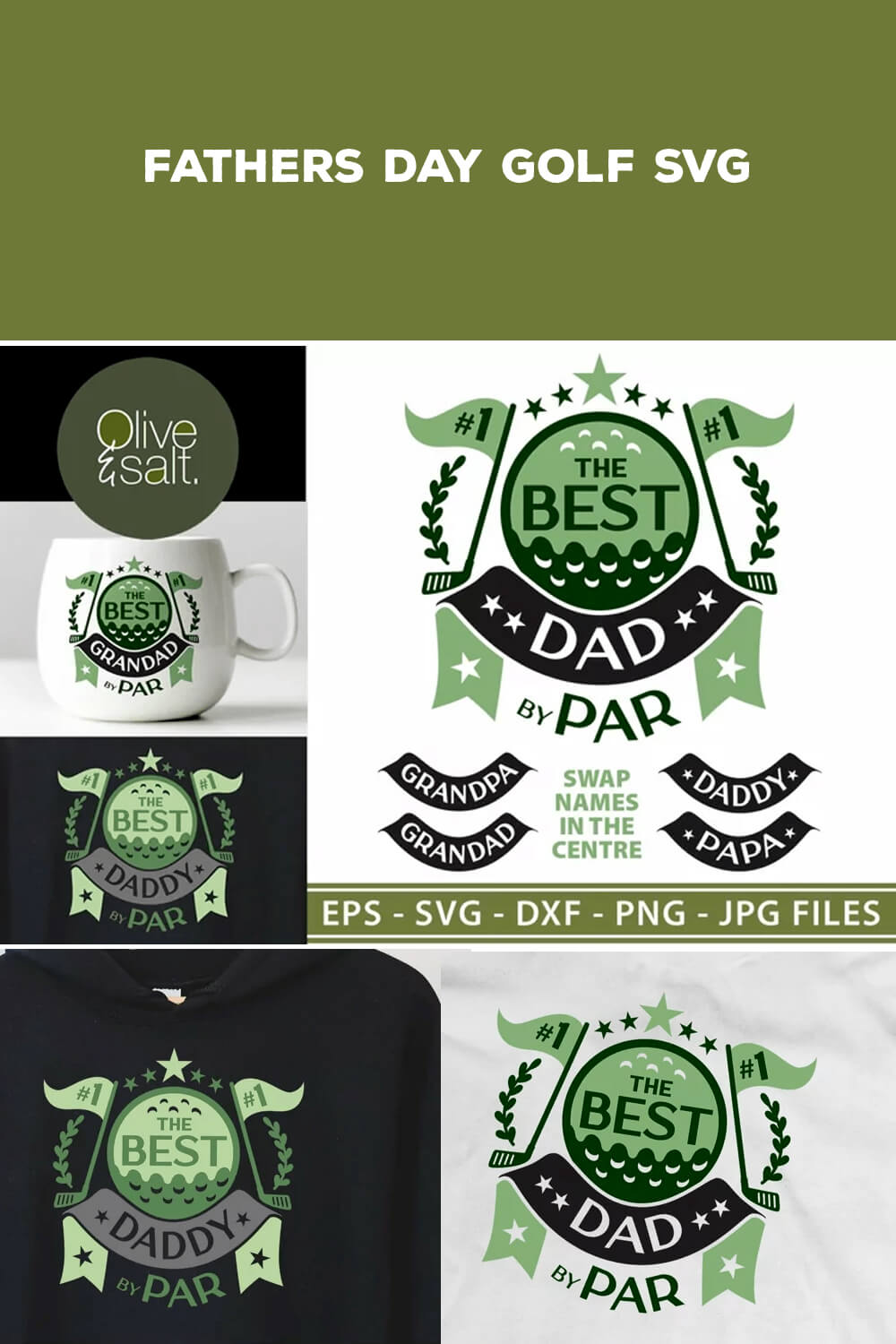 Title on olive background "Fathers day golf SVG", Father's day golf tournament logos.