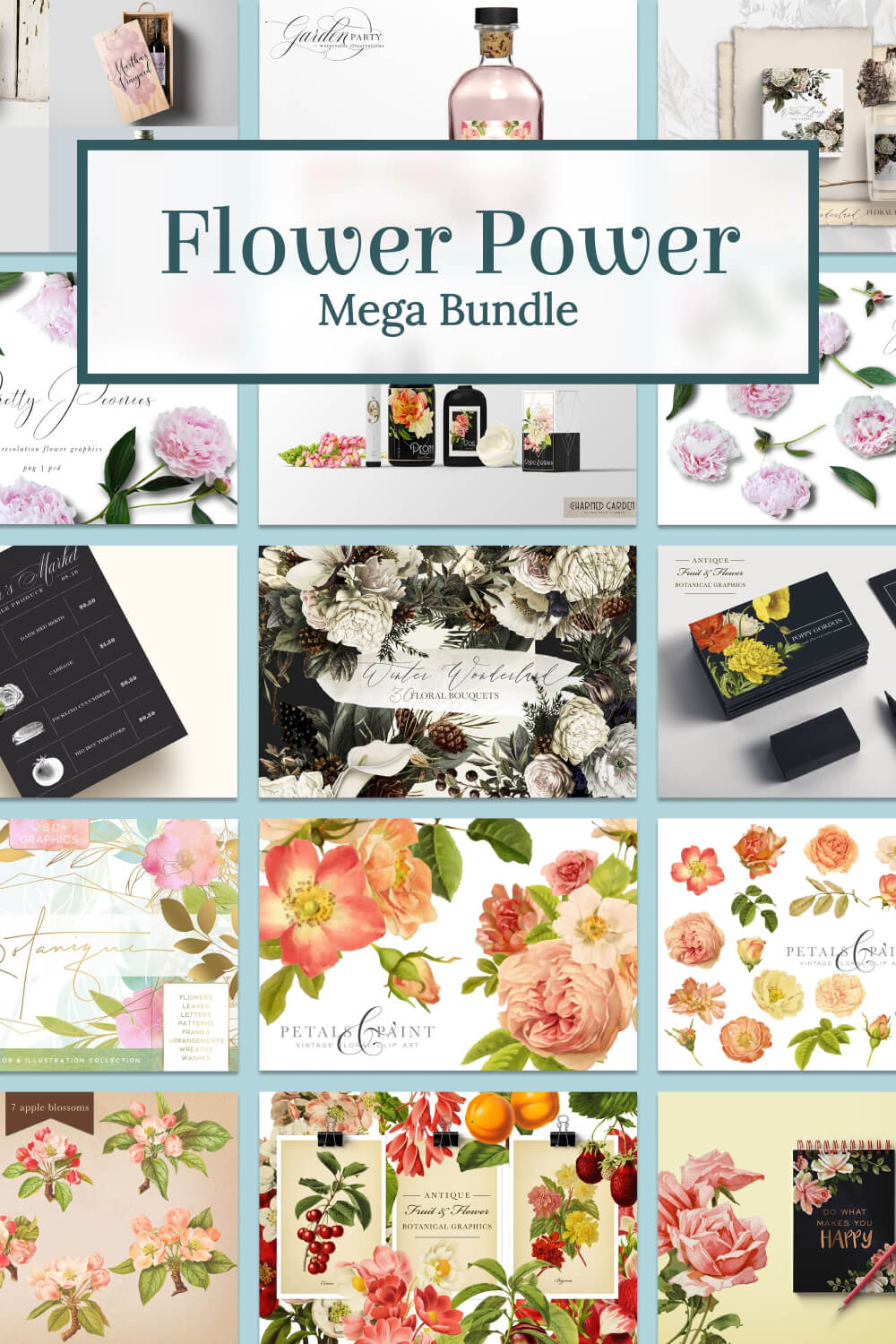 Many cards are vertically arranged on the theme of flower power.