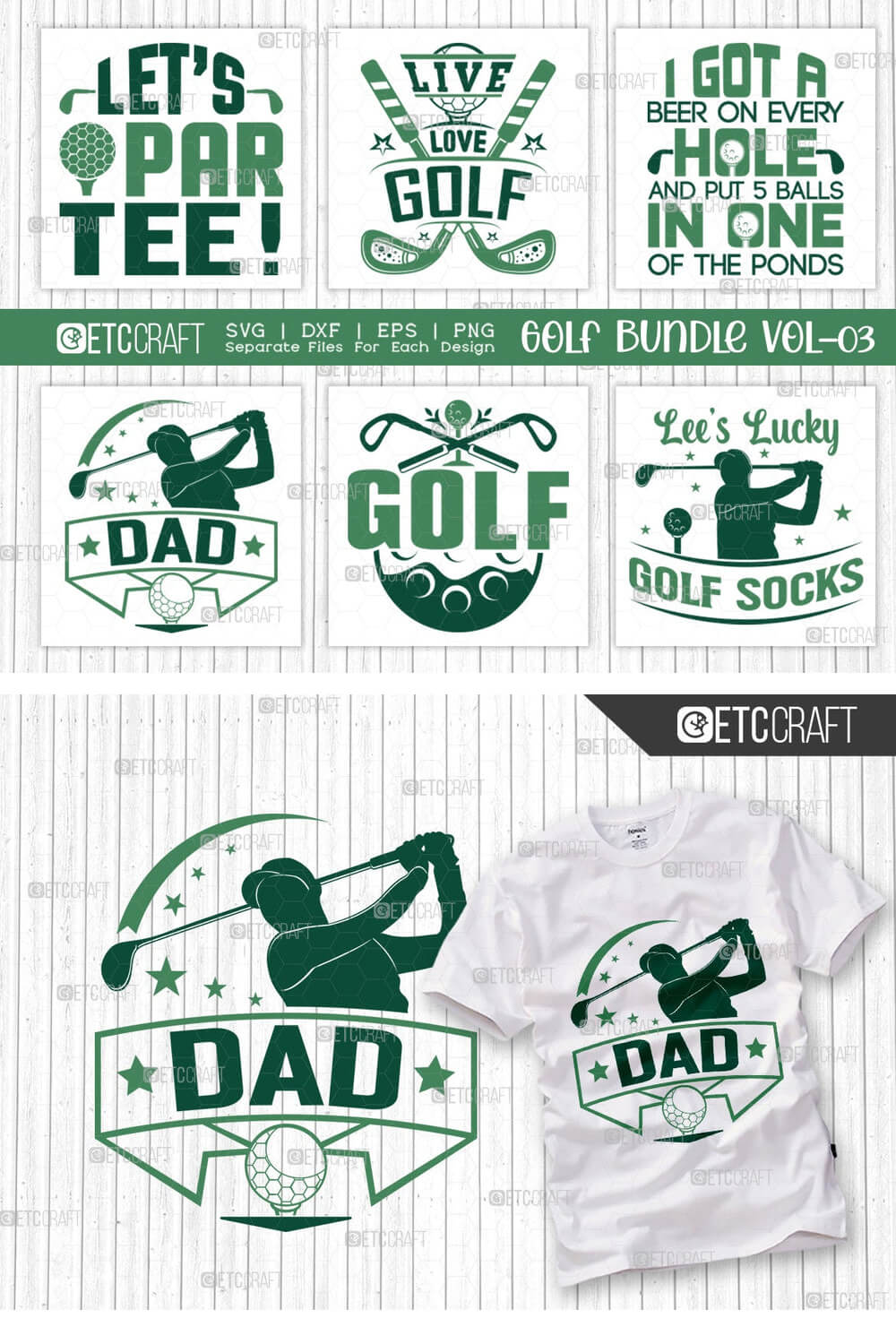 Six golf themed emblems: Let's par tee, Live love Golf, I got a beer on every Hole and put 5 balls, In one of the ponds.
