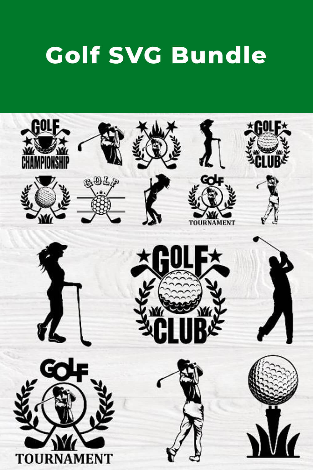 Black and white pictograms about golf in different sizes on a gray background and the name of the product on a green background.