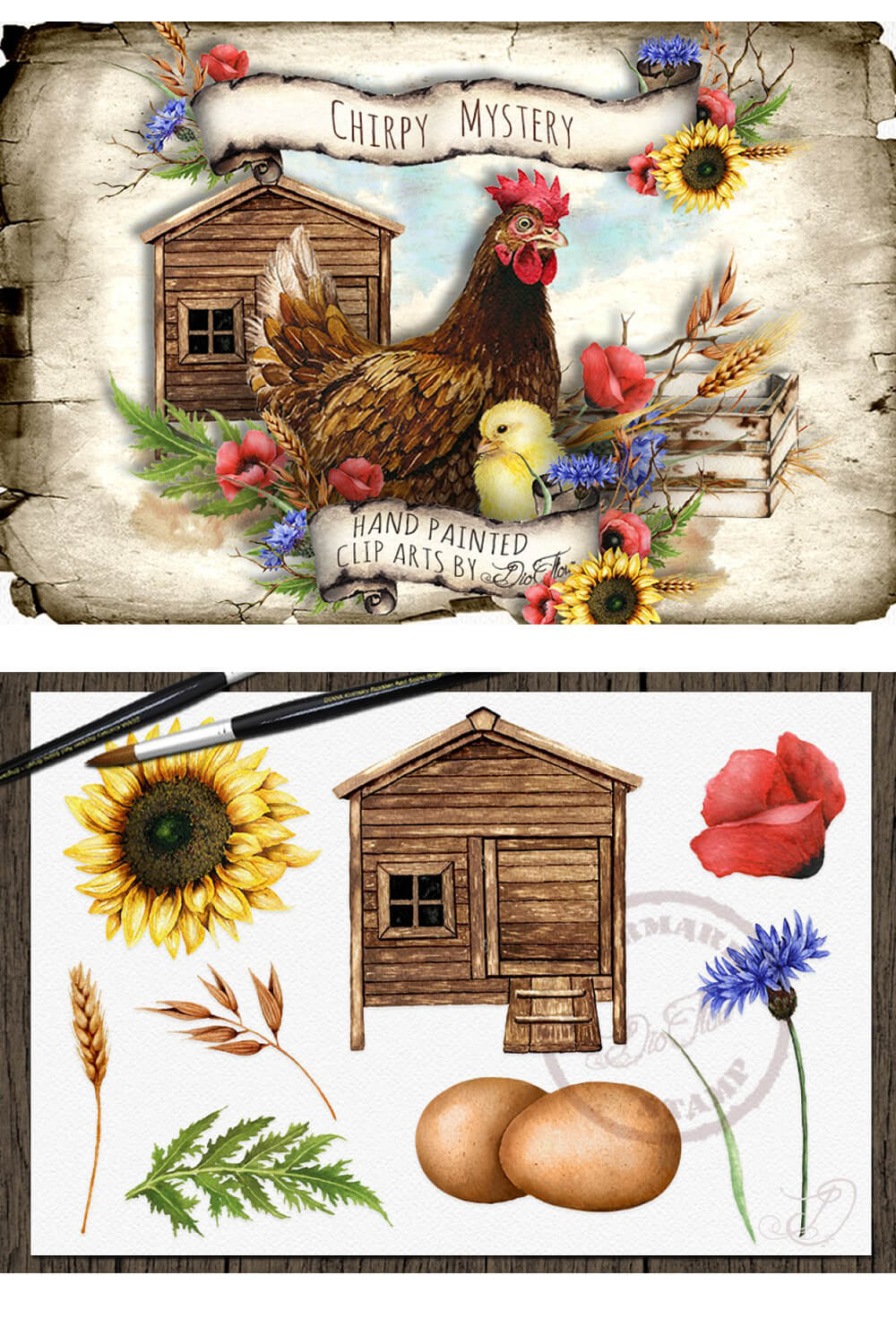 Illustrations of a chicken with chickens on the farm, picture for pinterest.