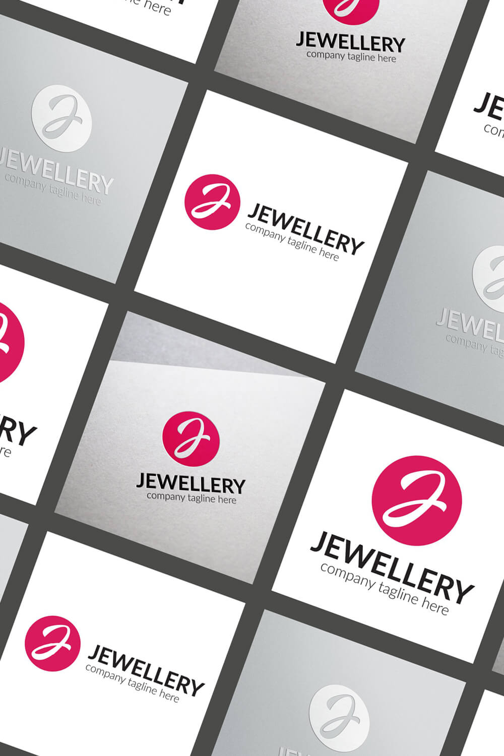 J jewelry logos in square frames tiled at an angle on a gray background.