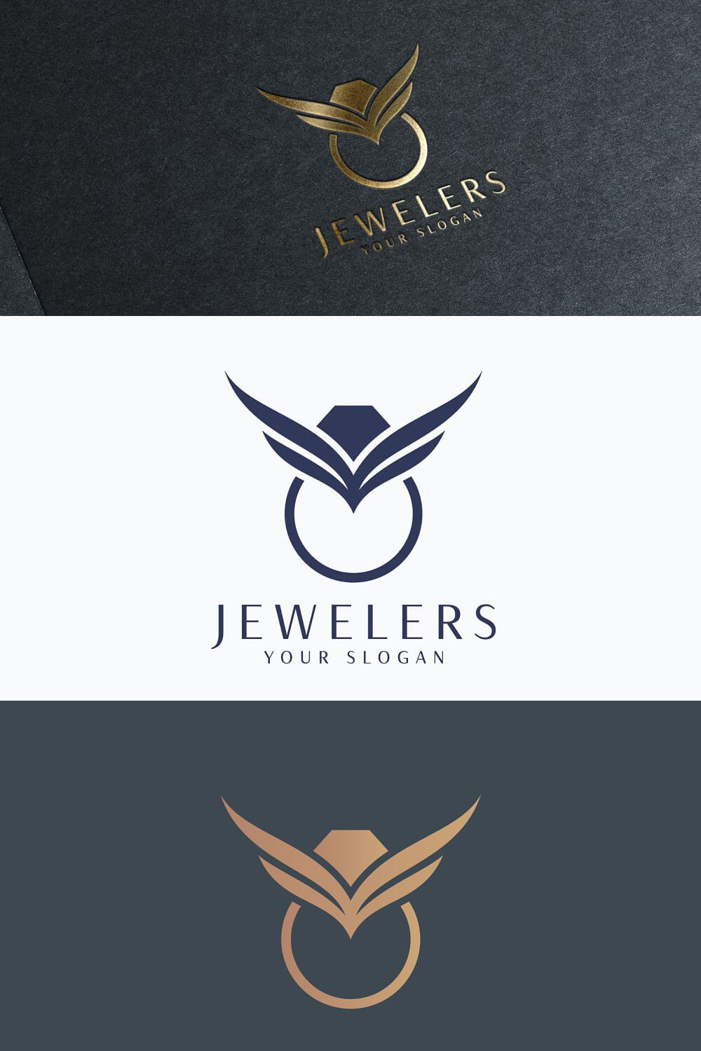 Three variations of the jewelry rings logo on dark, white and gray backgrounds.