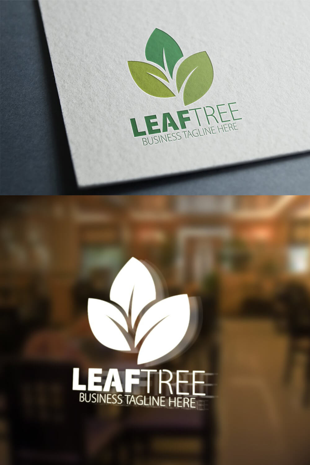 Green leaf tree logo on light gray paper and white logo on tinted glass.