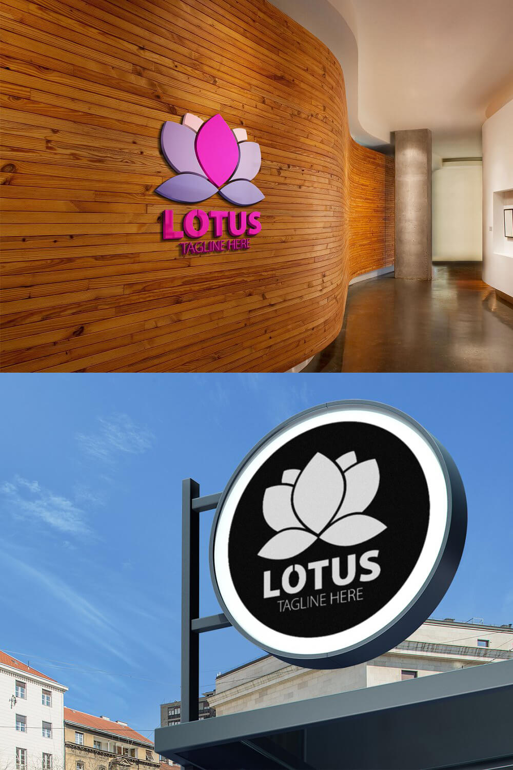 Lotus Tagline Here logos in purple and white on a plankin background and in the shape of a round stele.