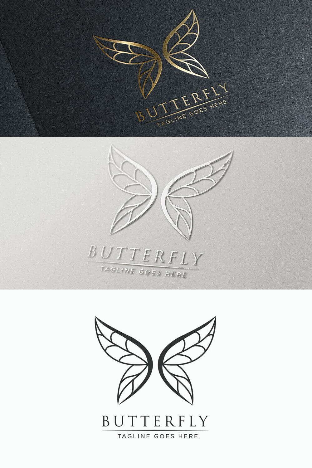 Butterfly logo in three color options: gold, silver, black.