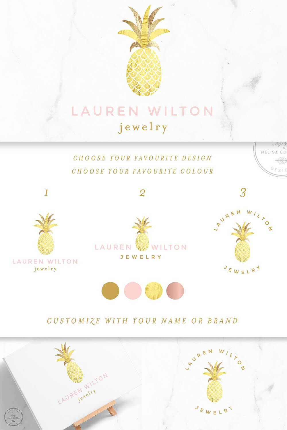 Luxury golden pineapple logo on top of the picture, design choice proposal.