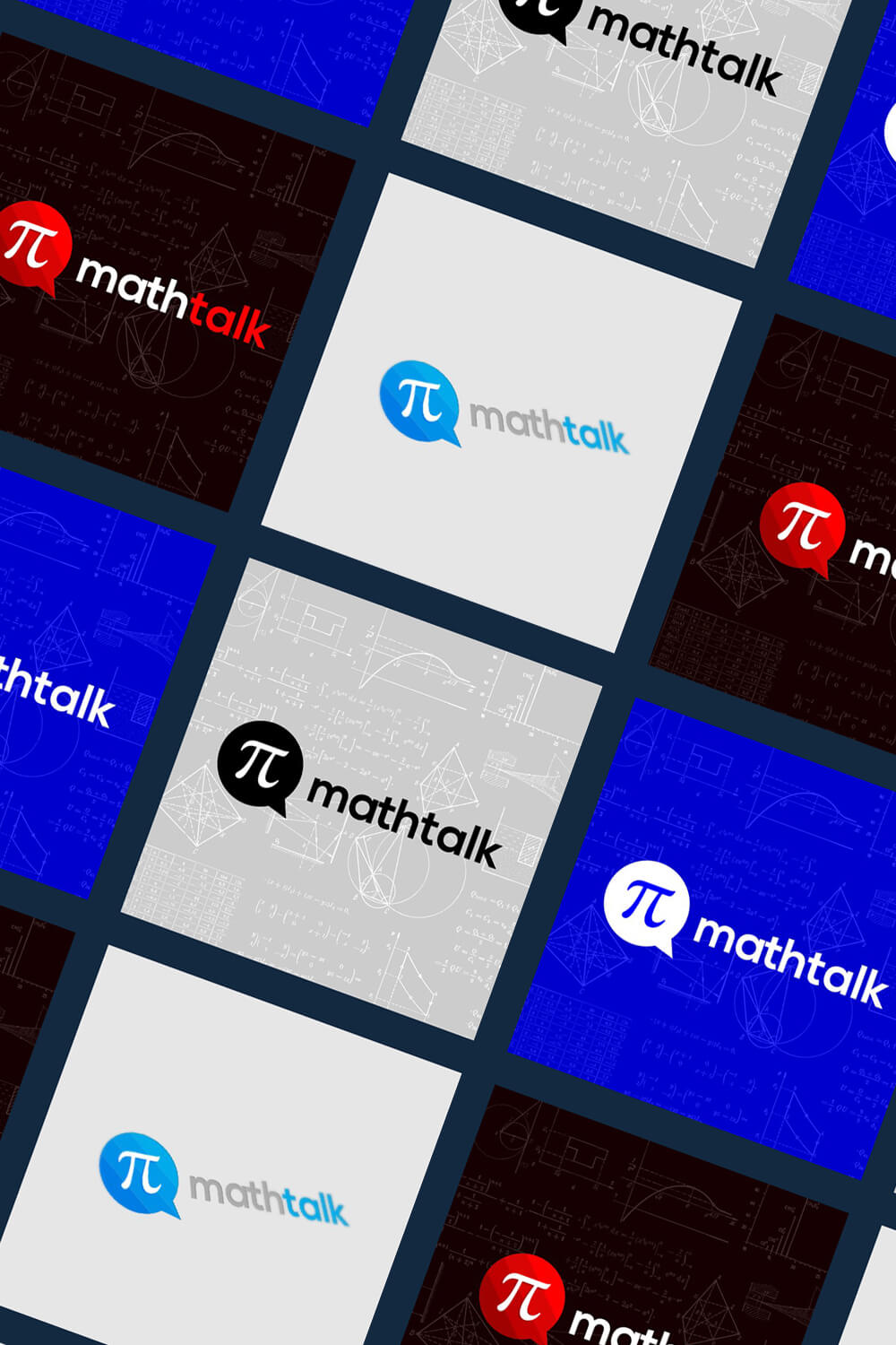 Many logos of different colors on squares with different backgrounds in rows at an angle.