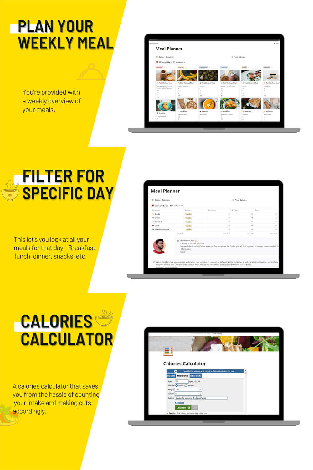 Big screenshot with laptop and discription "You're provided with a weekly overview of your meals, Filter for specific day, Calories calculator".
