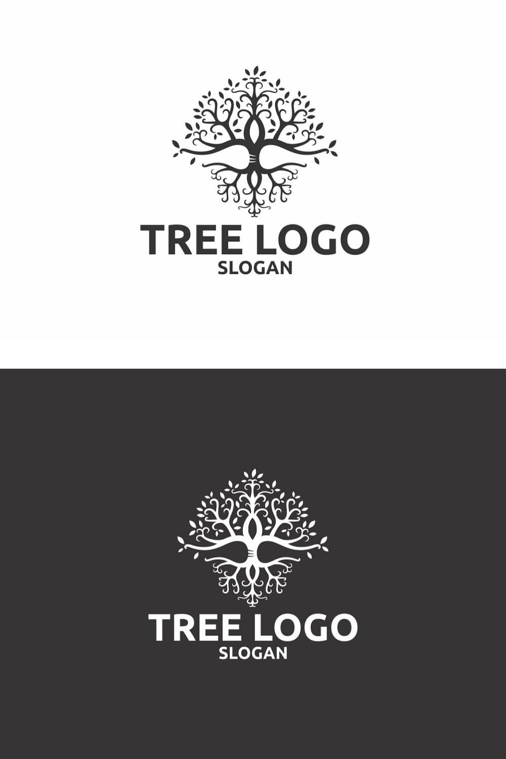 Two logos of ornate tree silhouettes as yin and yang, black and white.