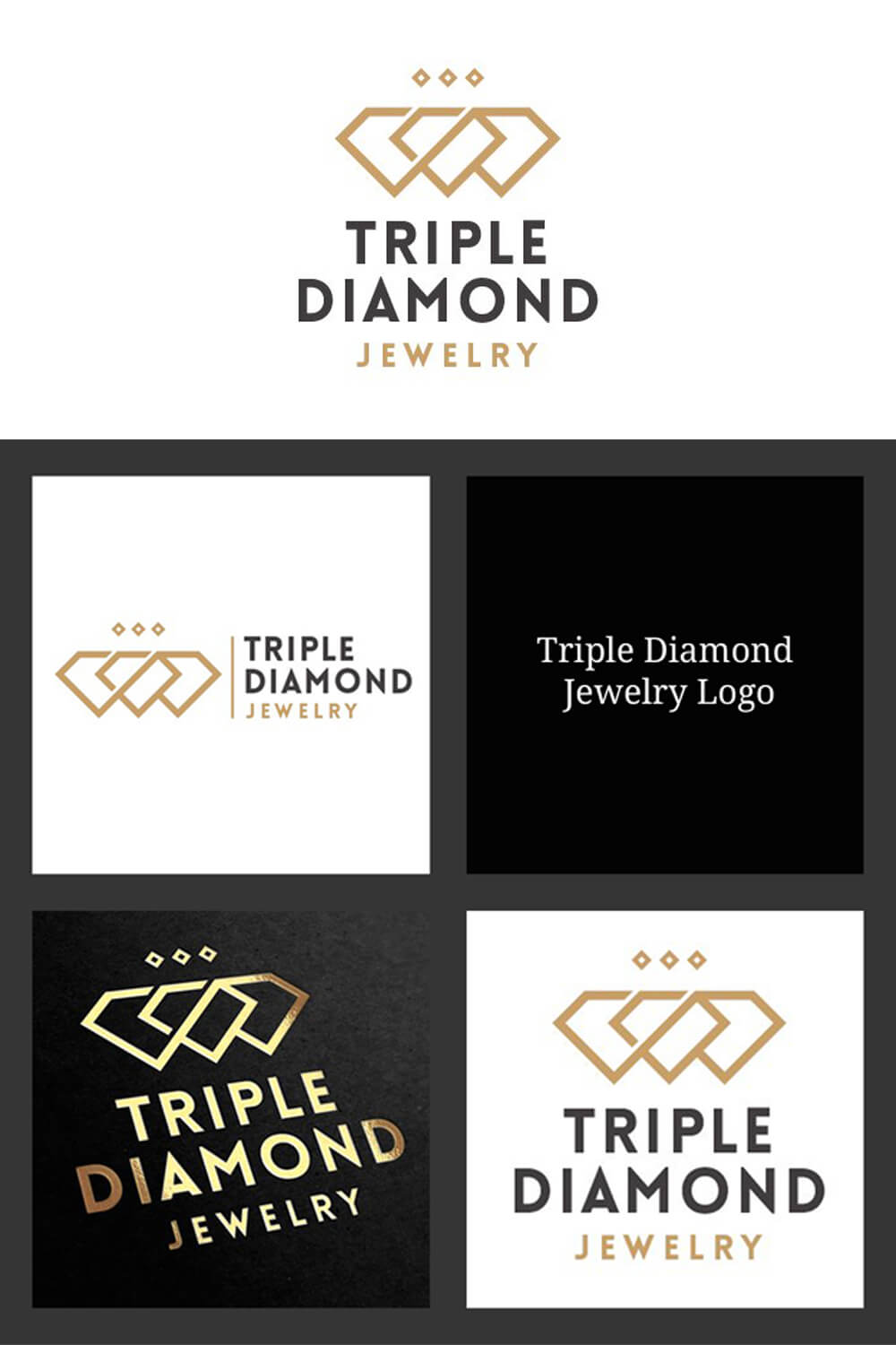 Five gold colored triple diamond jewelery logos.
