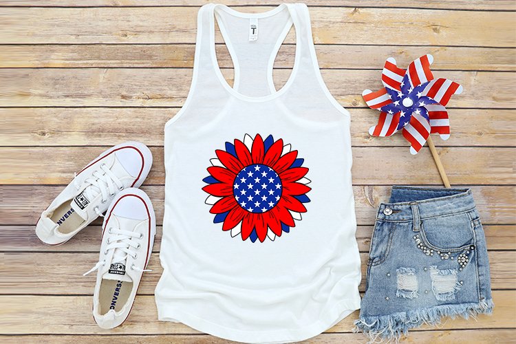 A flower in the traditional colors of America on a print.