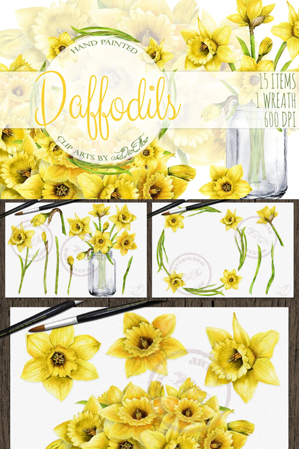 Daffodils Watercolor Clip Art pinterest image.