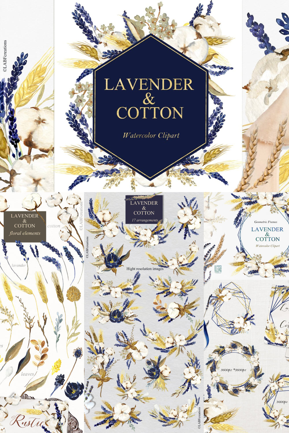 Lavender & Cotton Watercolor Clipart pinterest image.