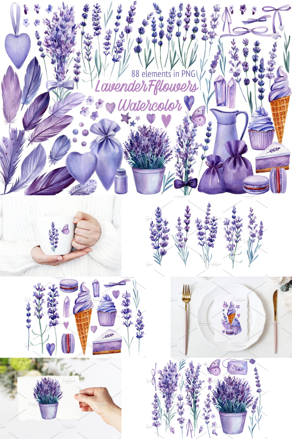 Lavender Flowers Watercolor, Clipart pinterest image.
