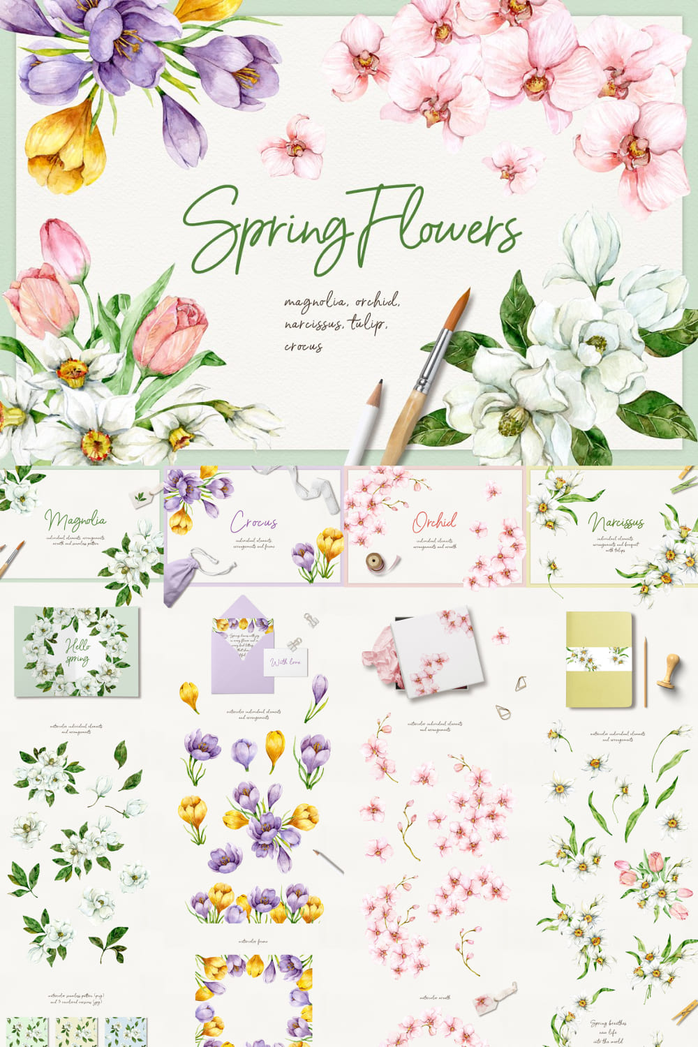 Spring Flowers - Watercolor Clipart pinterest image.