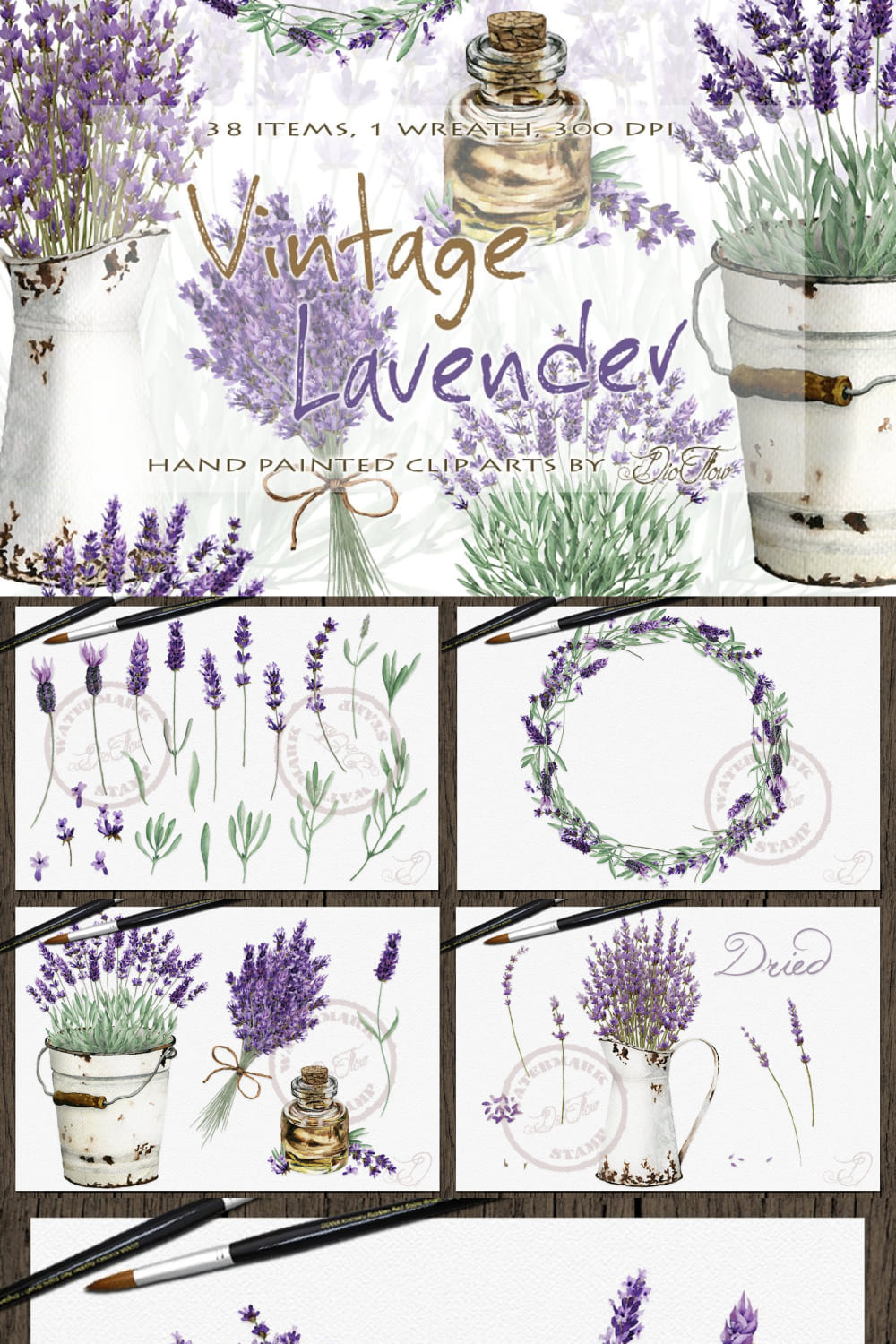 Vintage Lavender Watercolor Clip Art pinterest image.