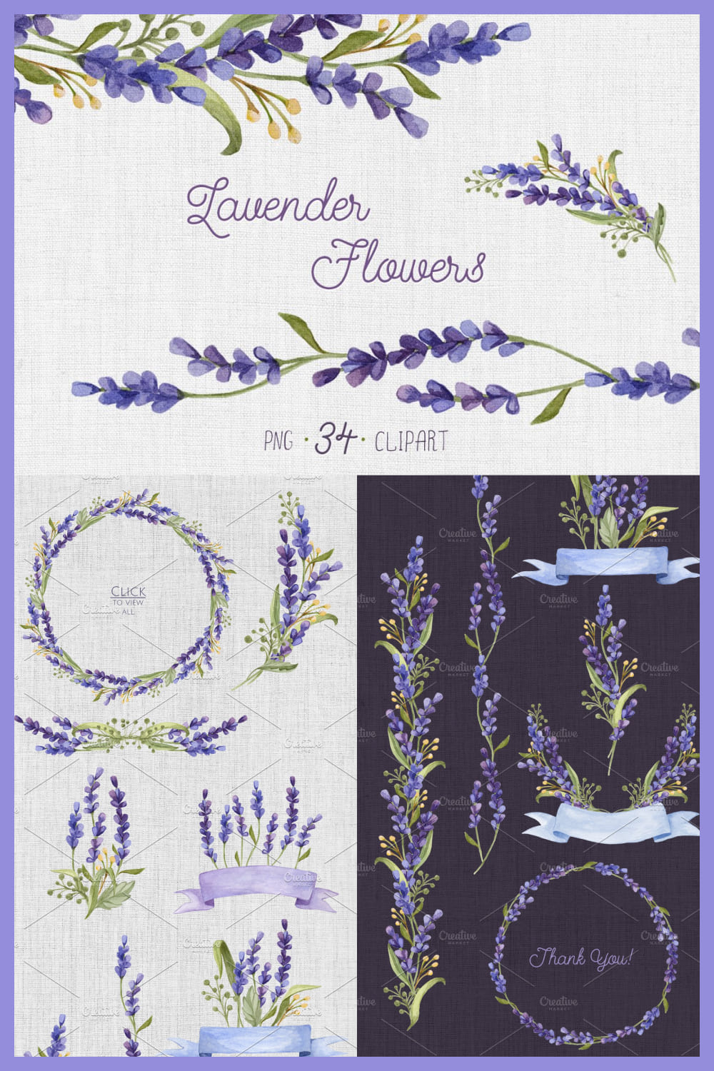 Watercolor Set with Lavender Flowers pinterest image.