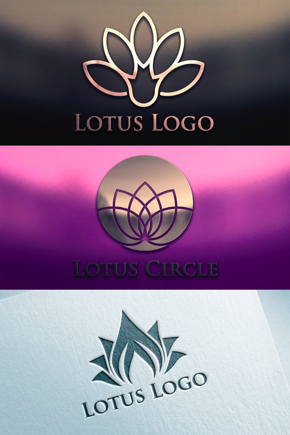 More striking are two golden lotus flower logos on different colored backgrounds and one pale blue logo.
