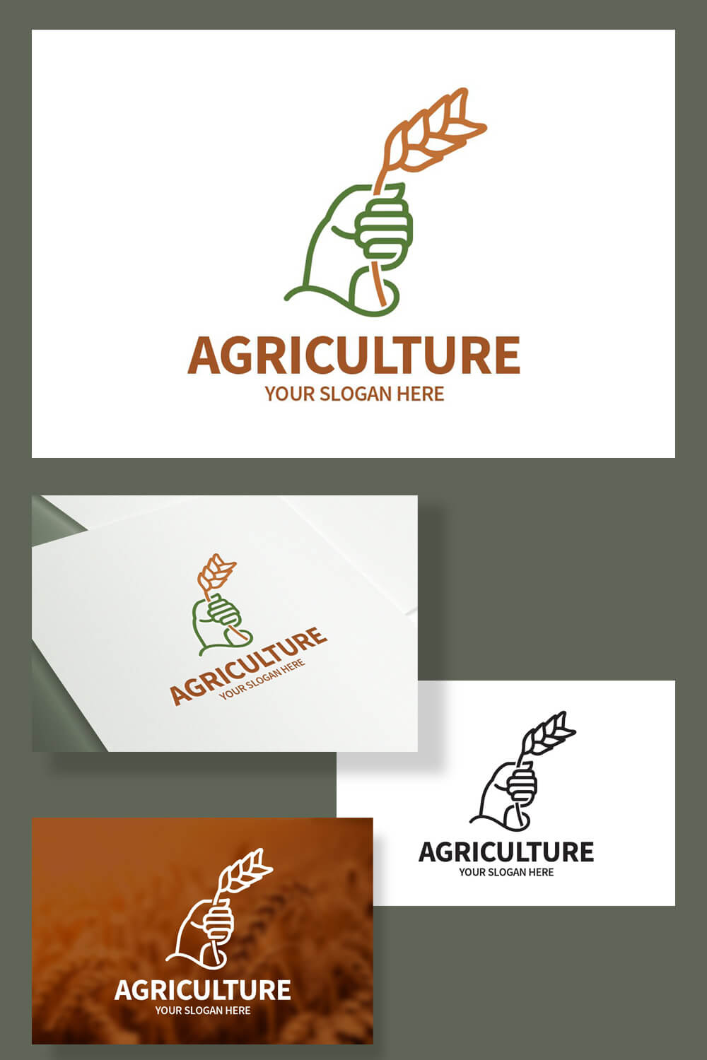 Large color agricultural logo and three small business cards.