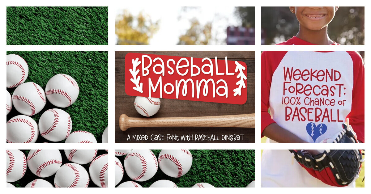 Large white checkered photo, colored girl with baseball glove and ball, product logo and lots of baseballs on the grass.