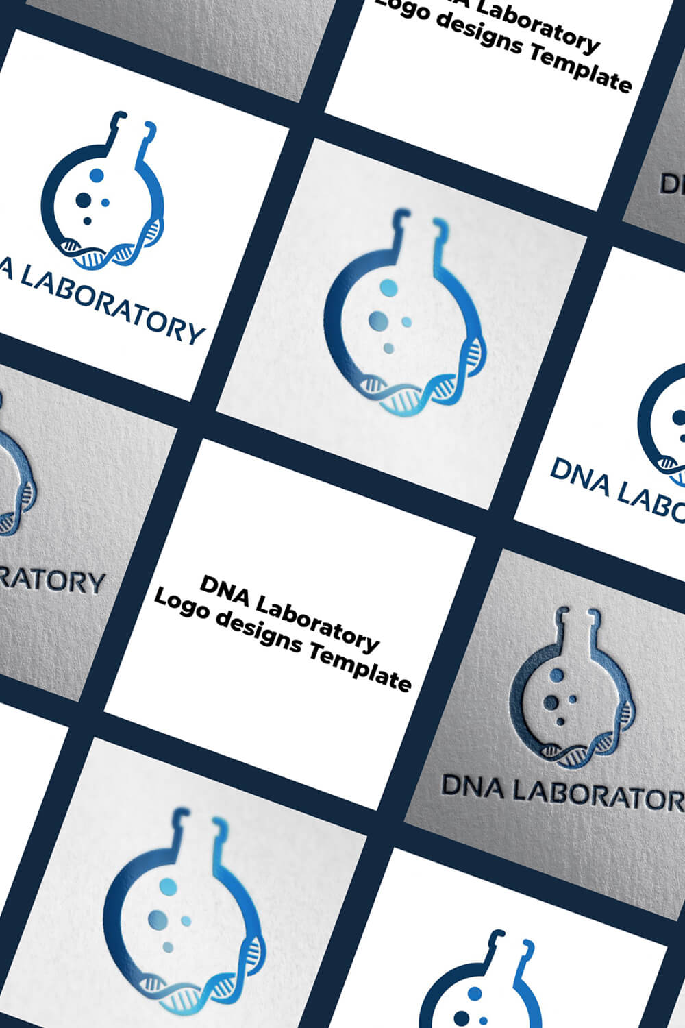 Lots of small blue DNA lab logos on gray and white backgrounds.