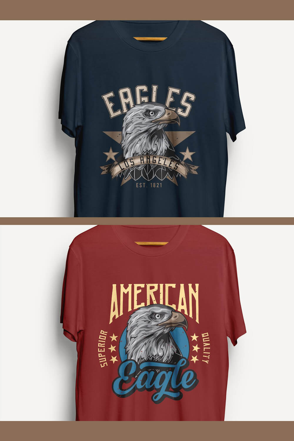 Two photos of T-shirts with an eagle, blue and burgundy.