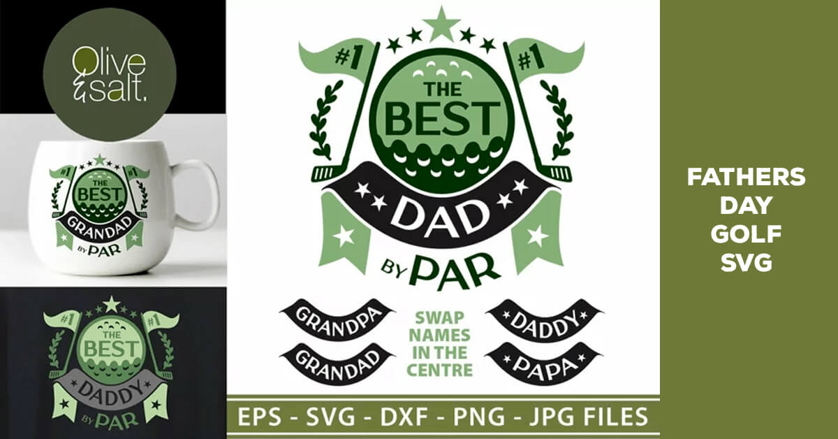 Father's Day merchandise golf, olive hues in logos and cup merch.