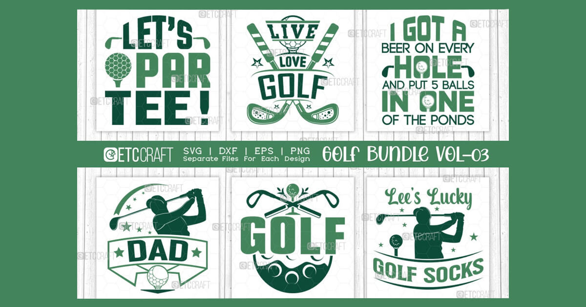 Six logos with golf slogans on a green background.
