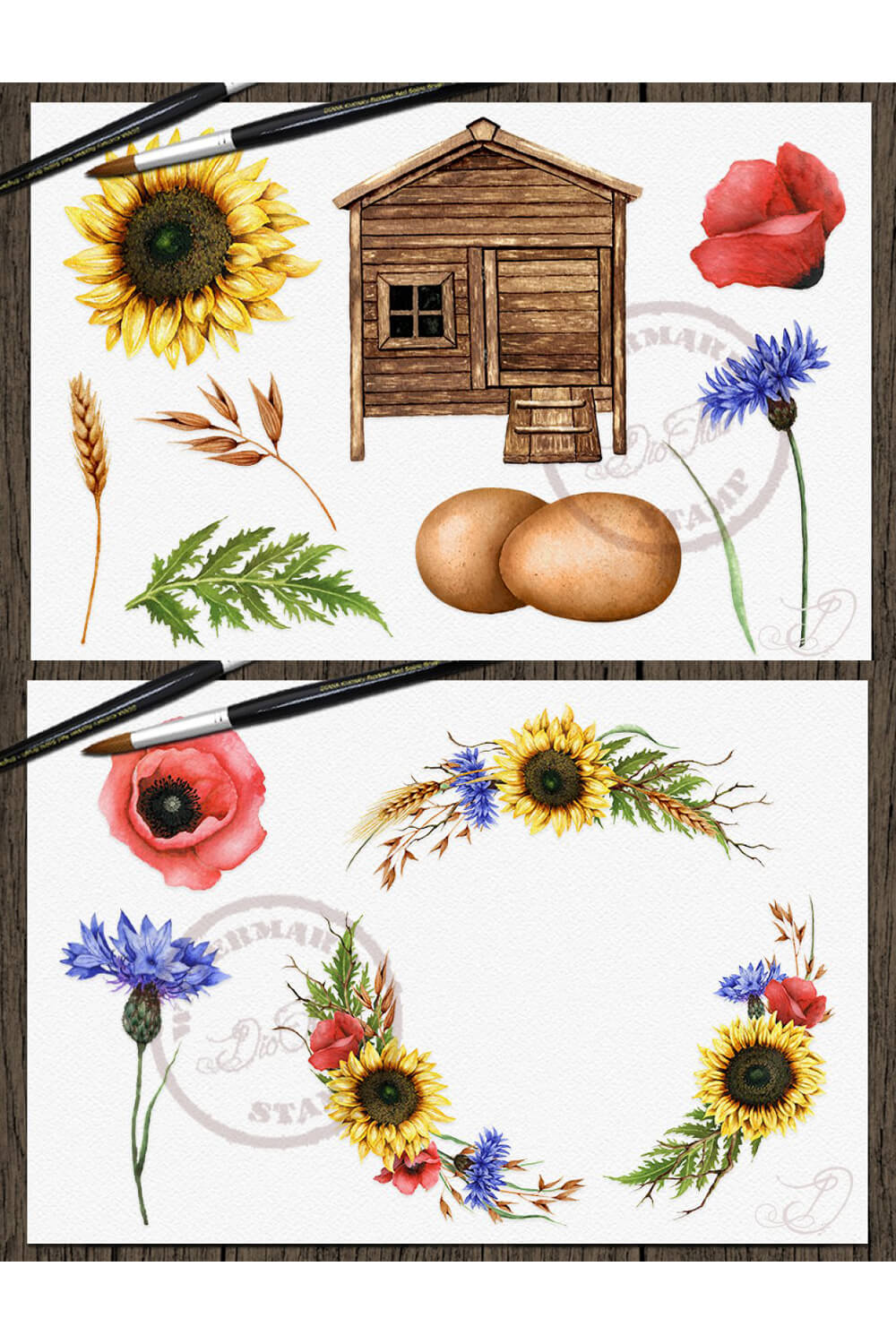 Illustrations with wreaths of sunflowers, poppies and greenery on a farm.