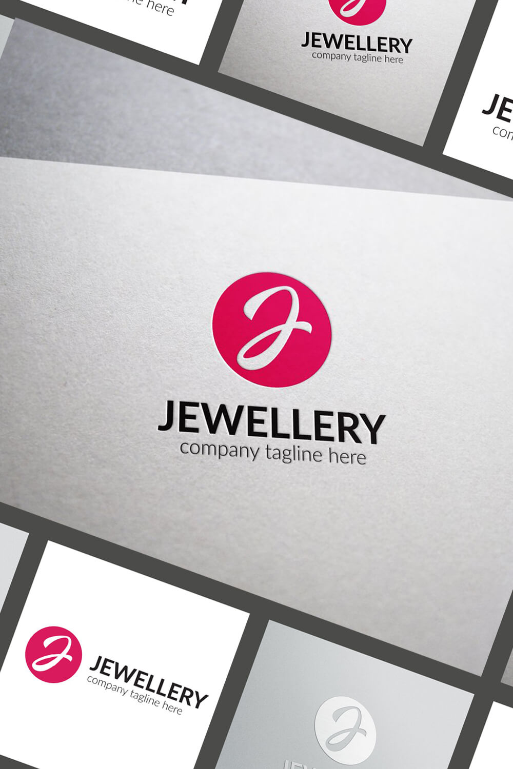 Red J jewelry logo on a gray diagonal background.